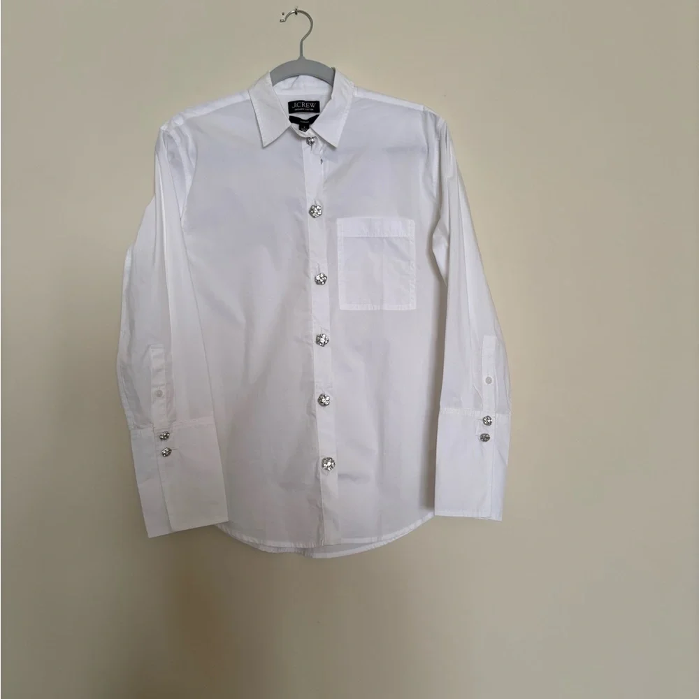 J. Crew Classic White Organic Cotton Jeweled Button-Down Shirt Size 4 NWT - Picture 2 of 6